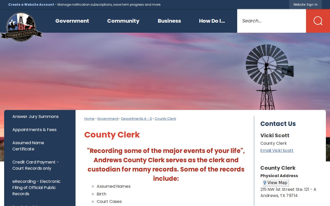 Andrews County court docket County Clerk contact